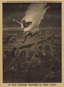 German soldier carrying flammable materials turned into a human torch during a night battle, World War I