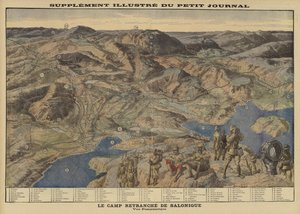 Panoramic view of the entrenched Allied encampment at Salonika, Greece, World War I