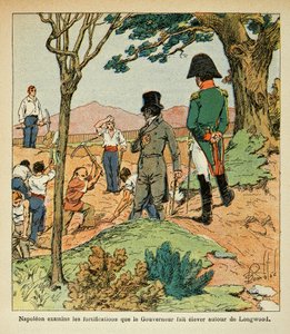 Napoleon examines the fortifications that Governor Hudson Lowe raised around Longwood from the book 