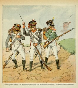 Illustration by Bombled Louis (1862-1927) from the book The Memorial of Saint Helene by Count Emmanuel de Las Cases (1766-1842): The Young Guard of 1806: conscript grenadier; shooter grenadier and flanker hunter by Louis Charles Bombled