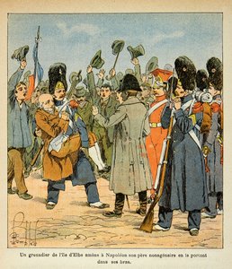 Illustration by Louis Bombled from the book The Memorial of Saint Helene by Count Emmanuel de Las Cases: A grenadier brings his nonagenary father to Napoleon by carrying him in his arms when returning from Elba Island, Private Collection by Louis Charles Bombled
