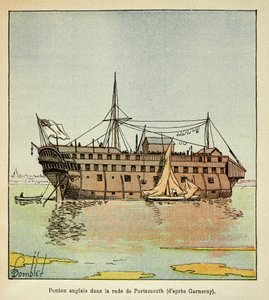 Illustration by Bombled Louis (1862-1927) from the book "The Memorial of Saint Helene" by Count Emmanuel de Las Cases (1766-1842): English Pontoon in the harbour of Portsmouth serving as a prison for the French, Private Collection