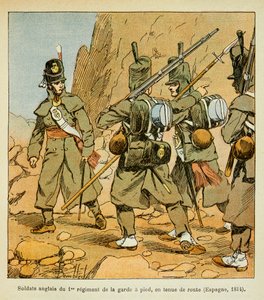 Illustration from the book The Memorial of Saint Helene by Count Emmanuel de Las Cases: English Soldiers of the 1st Regiment of the Guard in a roadstand (Spain 1814) by Louis Charles Bombled