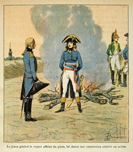 Illustration from the book The Memorial of Saint Helene by Count Emmanuel de Las Cases: First meeting between Bonaparte and Marechal Henri Gatien Bertrand then officer of the genie in the army of Italy by Louis Charles Bombled
