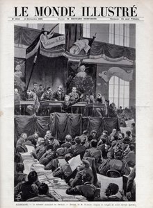 Speech by August Bebel (1840-1913) during the Socialist Congress of Breslau in Germany in 1895 - Engraving in The Illustrous World of 1895 - Drawing by Bombled. by Louis Charles Bombled