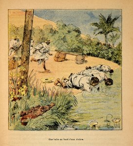 The War in Madagascar-Anecdotal History of the French Expeditions of 1885-1895 by Henri Galli dit Galllichet (1854-1922), illustrated by Louis Bombled (1862-1927): A stop by the river in 1895, Private Collection by Louis Charles Bombled