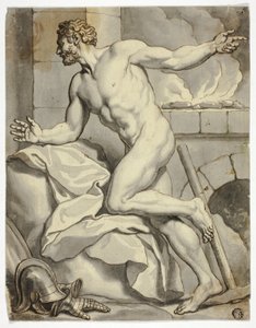 Male Nude Kneeling beside a Furnace, with Helmet and Metal Gloves on Floor