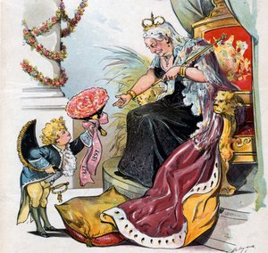Puck Bowing and Handing a Bouquet of Flowers Labelled 