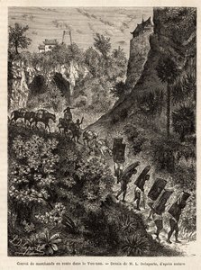 A convoy of merchants and their porters en route to Yunnan (China), engraved after the drawing of L.Delaporte, to illustrate the voyage of exploration in Indochina by Francis Garnier, lieutenant of ship, in 1866-1868, published in “Le tour du monde” 1874,  by Louis Delaporte