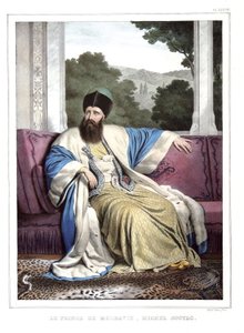 The Prince of Moldova, Michael Soutzo (1729-1830). in Journey to Athenes and Constantinople, or collection of Greek and Ottoman portraits, views and costumes, painted on places by nature, lithographs and colories by Louis Dupre (1789-1837), pupil of David