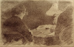 Mary and Emma Eysen under a Table Lamp
