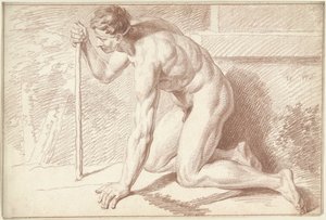 Male Nude, Kneeling, with Stick, Facing Left by Louis Fabritius Dubourg