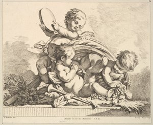 Three Cupids, Two Playing Music, One Holding Palm Leaves by Louis Felix de la Rue