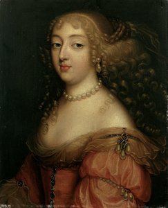 Portrait of a Lady, said to be Laura Mancini, Duchesse de Mercoeur, bust length, in a red dress, with a pearl necklace and earrings by Louis Ferdinand Elle