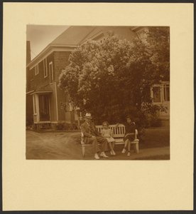 Man and Young Girls on Bench Before House by Louis Fleckenstein