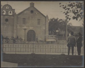 Men Standing Before Mission by Louis Fleckenstein