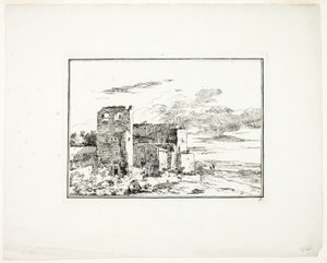 Ruined Buildings near a River Bank, plate 9 from Fourth Series of Landscapes Drawn and Etched by Moreau