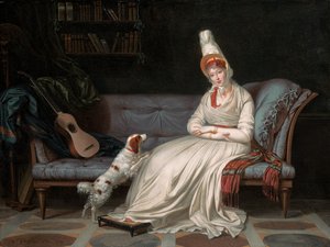 Portrait of Elizabeth, Lady Webster, later Lady Holland, in a white dress with her spaniel Pierrot by Louis Gauffier