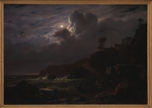 View of Kullen in Sweden. Smugglers Hiding their Goods among the Rocks. Moonlight by Louis Gurlitt