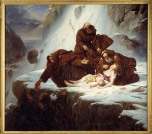 The Religious at the hospice of Saint Gotthard giving relief to families affected by the brigands