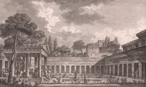 Ideal reconstruction of Villa of Diomedes in Pompeii to its original state before volcano eruption of Mount Vesuvius in 79 AD, Campania, Italy (etching after drawing by Louis Jean Desprez) by Louis Jean (after) Desprez