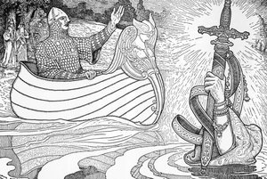 Lady of the Lake giving King Arthur the Sword Excalibur, Illustration by Louis Rhead