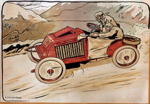 Automobile: a racing car. Marcel Renault and Rene Vauthier crossing the Alps during the race PARIS-VIENNA in 1902 in car 147. Lithograph by Louis Lucien Faure Dujarric