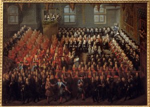 Bed of Justice held by Louis XV (1710-1774) in the Grand Chamber of the Parliament of Paris to break the will of Louis XIV (1638-1715) by Louis Michel Dumesnil