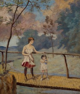Two Girls on a Log Bridge by Louis Michel Eilshemius