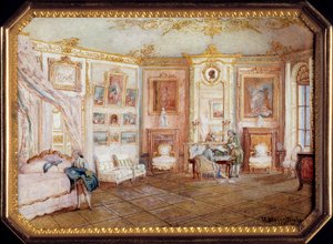 Lid of a tabatiere by Alexandre Leferre (ca. 1806-ca. 1838) decorated with a miniature painting by Louis Nicolas Van Blarenberghe (1716-1794) representing a room under Louis XV. Around 1770