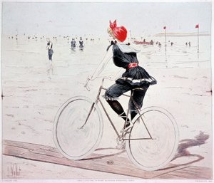 Woman on a bike on the beach - drawing by L. Vallet by Louis Vallet