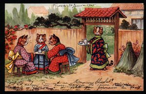 Animals in human posture. Cat in kimono drinking tea in a Japanese garden. Postcard. Chromolithograph by Louis Wain, early 20th century. Private collection by Louis Wain