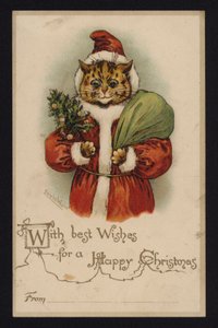 Cat as Santa Claus, Christmas greetings card