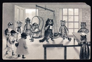 We enjoy the good weather. Animals in human posture. Cat as jockey being weighed on a scale. Postcard. Chromolithograph by Louis Wain, early 20th century. Private collection by Louis Wain