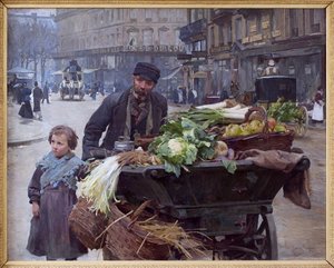 The Merchant of the Four Seasons in Paris. Behind Him, the Hotel du Louvre