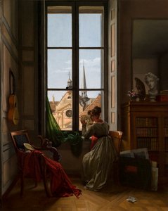 Interior with Young Woman Tracing a Flower by Louise Adeone Drolling