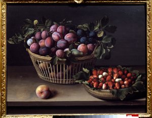 A Peach, Strawberries and a Basket of Fruit. Painting by Louise Moillon (1610-1696)
