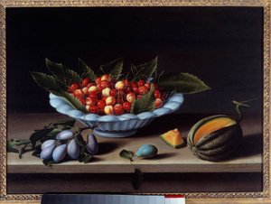 Cup of cherries, plums and melon