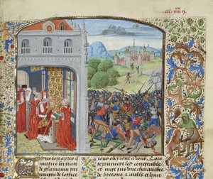 The Crowning of Pope Gregory XI and the Battle of Pontvallain by Loyset Liedet