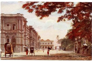 General Post Office, Colombo (on left), entrance of Queens House (on right), and Clock Tower (in distance), c.1900-20