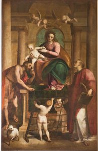 Genoa, Duomo (St Lawrence Cathedral), inside, Baptistery (formerly Church of St John the Old): Madonna and Child between St John the Baptist and St Lawrence by Luca Cambiaso