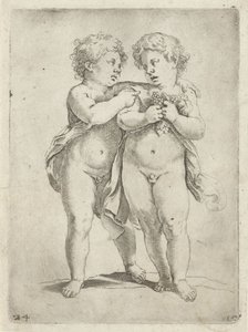 Two Boys, One with a Bunch of Grapes