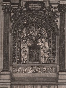 Altar of church of Santa Maria delle Grazie, by Luca della Robbia, Montepulciano, Tuscany, Italy, woodcut from Le cento citta d