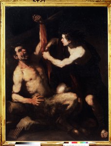Apollo and Marsyas. Apollo, after winning the challenge against Marsyas, has him flayed and then thrown into a cave. Painting by Luca Giordano (1632-1705) by Luca Giordano