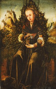 Saint Mary Magdalen seated on a Grassy Verge in a Mountainous Landscape by Lucas Cranach