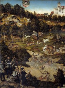 Hunting in honor of Charles V at Torgau Castle (Germany) (detail). The emperor is probably a representative downstairs holding a crossbow. Painting by Lucas Cranach