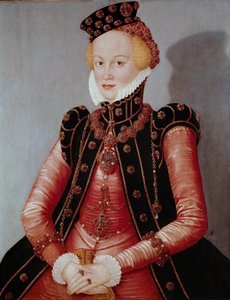 Portrait of Lady Young woman richly clothed, wearing a hat and jewel trim by Lucas the Elder Cranach
