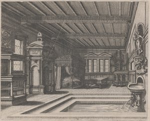 Interior with Buffet, Entrance Portal, and Canopy Bed by Lucas van Doetechum and Johannes