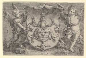 Coat of Arms with a Mask, Held by Two Genii by Lucas van Leyden