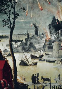 Lot and his Daughters, detail of the destruction of Sodom by Lucas van Leyden